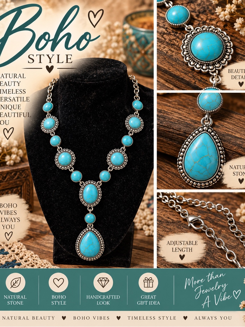Boho Turquoise Teardrop Statement Necklace - Women Jewelry